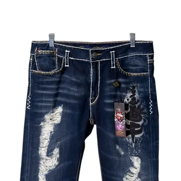 Ed Hardy Christian Audigier Boyfriend Jeans Womens Blue Dark Wash Embellished 30